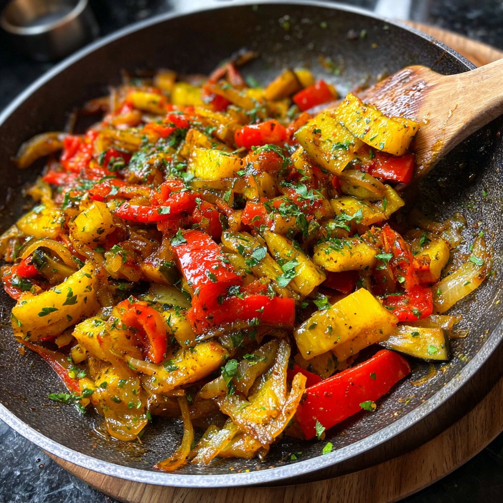 Auberginenpfanne mit Paprika und Zwiebeln