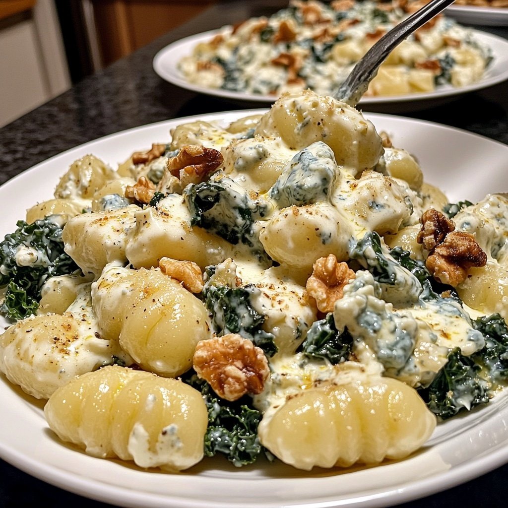 Grünkohl vegetarisch mit Gnocchi, Mascarpone, Gorgonzola und Walnüssen